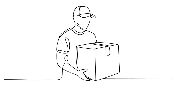 Delivery man carrying a cardboard box continuous single line drawing