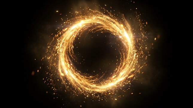 Glowing magical portal vortex with golden light sparks and swirling energy against a black background