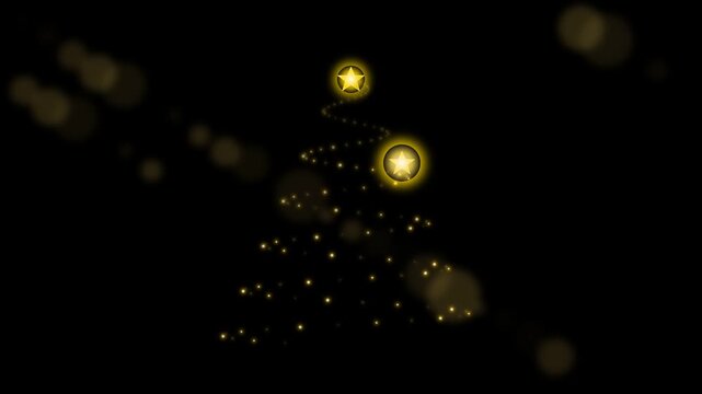 Glowing gold star ascending in conical spiral helix forming abstract Christmas tree shape with sparkling particle dust on dark background, elegant luxury holiday celebration motion overlay