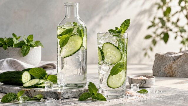 Cucumber mint infused water in a glass bottle and tumbler represents the refreshing functional beverages trend.