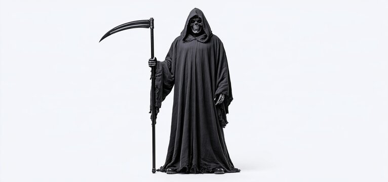 Grim reaper in Halloween costume holding a scythe, ideal for spooky party and decoration promotions.