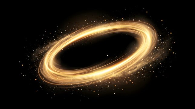 Abstract gold glowing swirling rings and sparkling star dust particles on a black background magical light effect design element