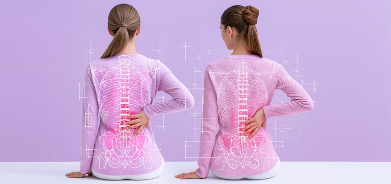 A person pointing to spinal pain against a gentle lavender background with clear health-related visuals.
