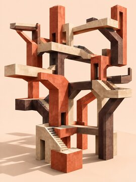 Brutalist Terracotta Architectural Labyrinth with Interconnected Stairs and Geometric Blocks