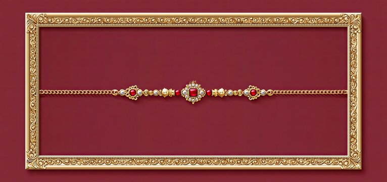A beautifully designed rakhi displayed on a rich maroon background with heartfelt Raksha Bandhan greetings.