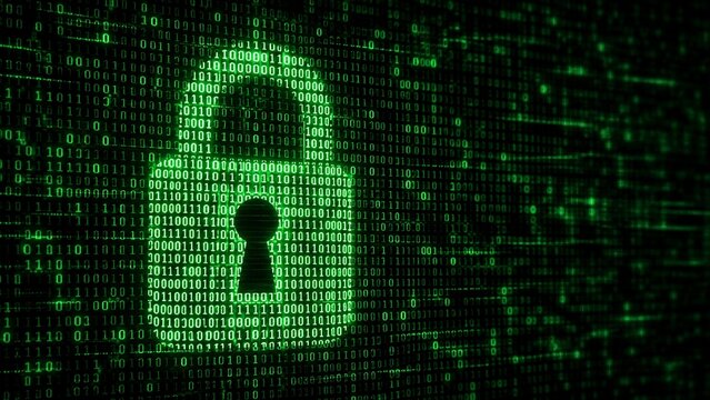 Neon binary padlock in cybersecurity matrix with glowing green