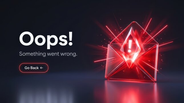 Oops something went wrong error message with a glowing red crystal envelope icon on a dark background