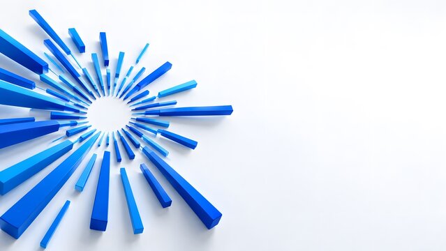 A stunning radial arrangement of vibrant blue colored pencils creates a star like burst on a pristine white surface background
