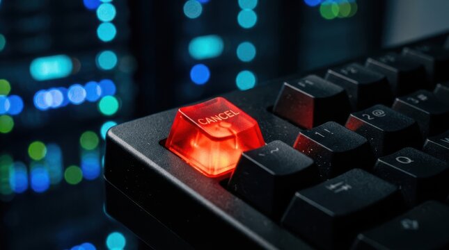 Glowing red cancel key on a computer keyboard in a server room
