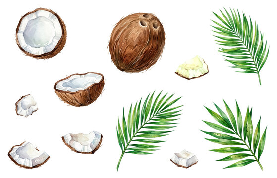 Watercolor coconuts and palm leaves isolated on transparent background. Tropical fruit and botanical illustration. Coconut food ingredient and natural wellness. Island cuisine and summer