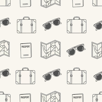 Seamless travel themed pattern featuring sunglasses, passport, suitcase, and map elements in a repeat design