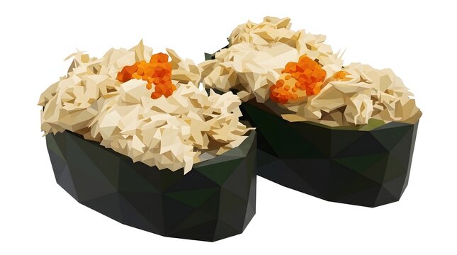 Low poly 3D illustration of two crab gunkan sushi topped with orange tobiko and wrapped in nori.
