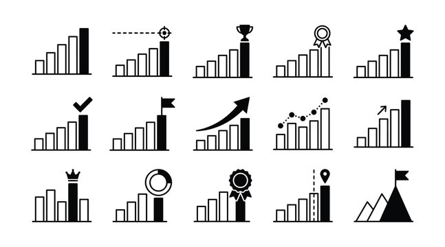 A diverse collection of bar graph icons representing growth data analysis statistics and financial performance visualization
