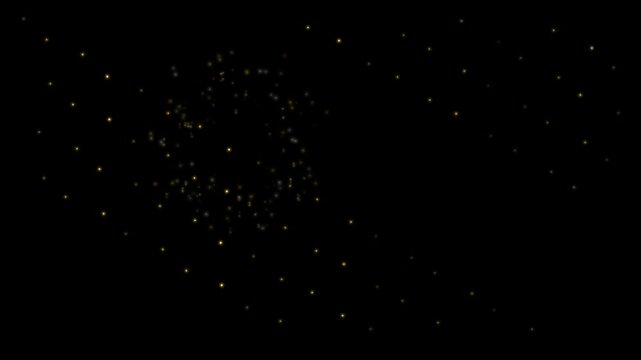 Majestic golden Kamuro willow firework shell bursting and cascading downwards in long shimmering glittering weeping trails across pitch dark night sky, festive celebration event footage