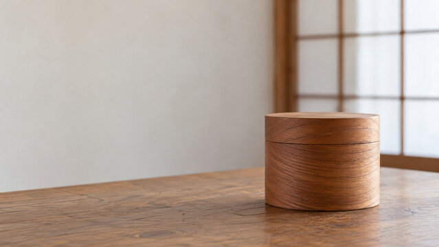 Wooden Japanese tea caddy on an old wood table by a shoji screen