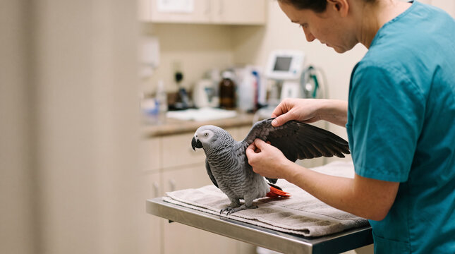 Veterinarian in teal scrubs stretching wing of African grey parrot on towel-covered exam table
