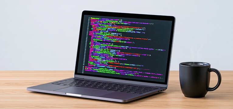 Laptop displaying colorful code beside a steaming mug on a wooden desk, celebrating Programmer&rsquo;s Day for software developers.