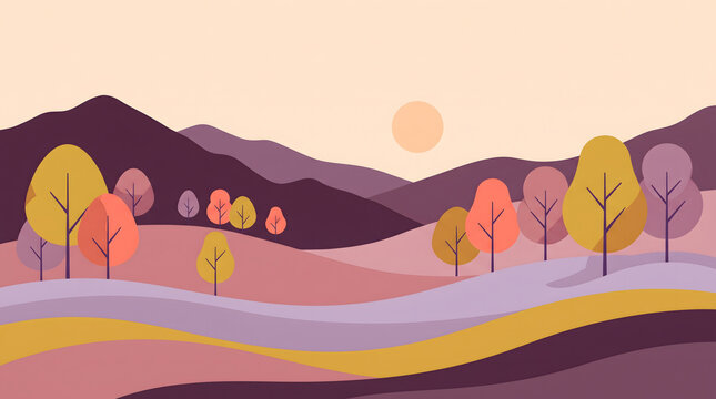 Autumn Landscape Illustration with Rolling Hills and Sunlit Forest Scenery