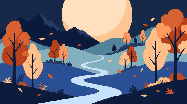 Serene Autumn Landscape Illustration with Winding River and Full Moon at Night