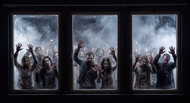 Halloween zombies waiting at the window to get inside