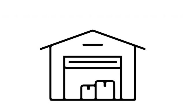 Stylized 2D animation of a closed warehouse appearing and opening its roller shutter door to reveal cardboard boxes. Minimal business symbol for logistics, storage, and e-commerce distribution