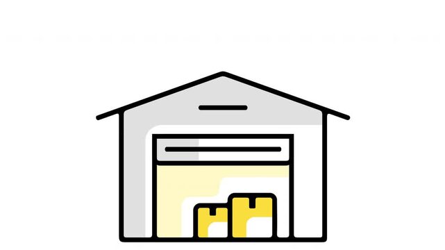 Stylized 2D animation of a closed warehouse appearing and opening its roller shutter door to reveal cardboard boxes. Minimal business symbol for logistics, storage, and e-commerce distribution
