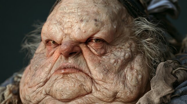 Close up portrait of an ancient fantasy humanoid with deeply wrinkled skin, warts, pointed ears, tangled gray hair, and a stern expression, character design