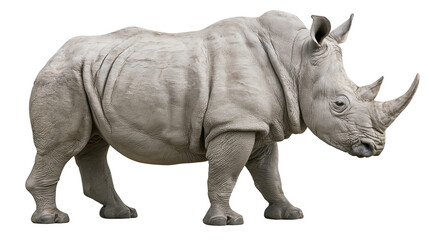 Large grey rhinoceros standing in profile with thick wrinkled skin and sharp horns © Asmud