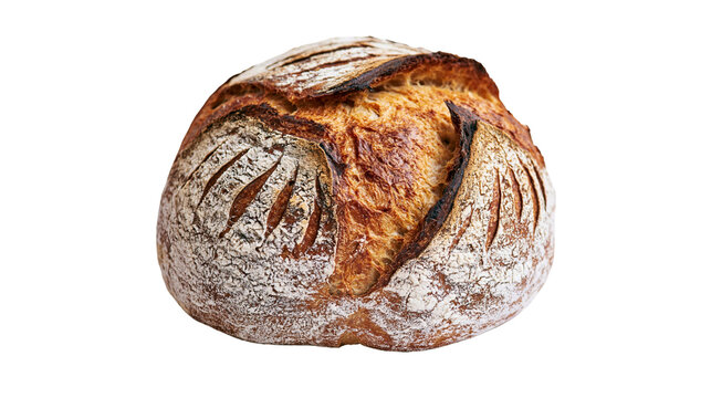 Round crusty sourdough loaf with scored top and dusted flour finish