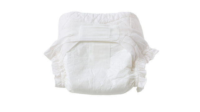 Clean white disposable baby diaper with elastic side tabs and soft texture