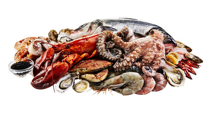Fresh raw seafood platter with lobster octopus fish shrimp crab and oysters © Asmud