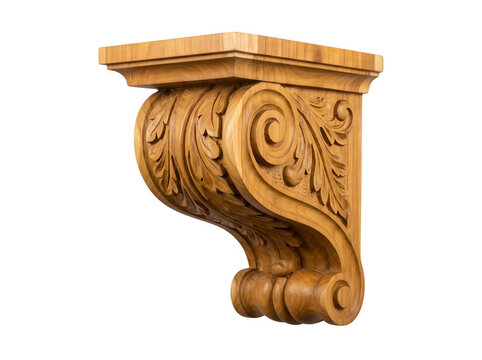 An isolated carved wooden corbel featuring intricate floral and scrollwork designs against a white background.