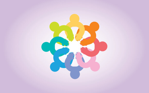 Colorful community of people joining hands in circular teamwork vector illustration