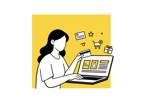 Woman shopping online with laptop and credit card ecommerce vector illustration