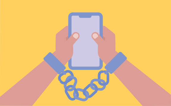 Digital addiction concept with chained hands holding smartphone vector illustration
