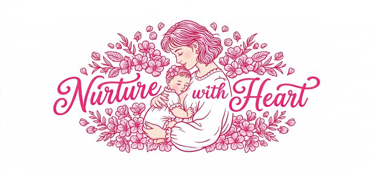 Mother breastfeeding her infant amid delicate petals and greenery, depicted in a soft illustration for maternal care and family wellness themes.