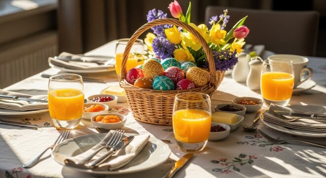 Easter breakfast table setting with a wicker basket full of colorful decorated eggs, fresh flowers, orange juice, and breakfast condiments on a sunny morning