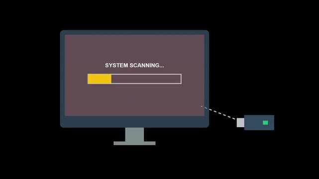 Cyber security animation showing threat detected and system scanning after USB insertion.
