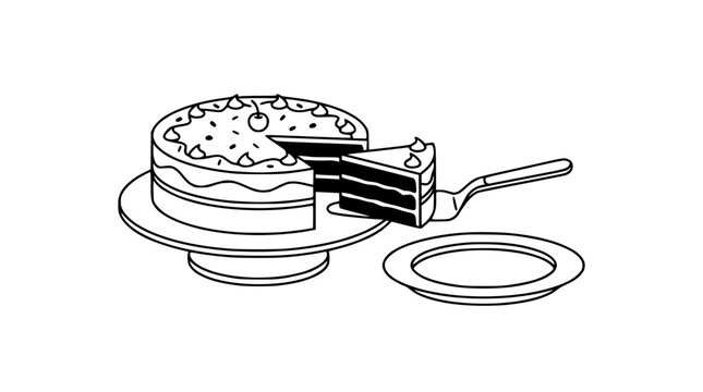 Layered cake with slice on server and empty plate line drawing