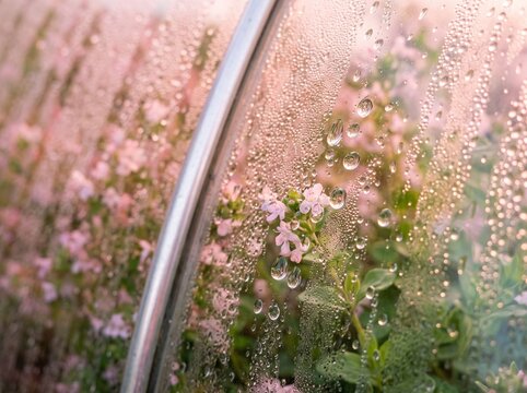 Fresh Flowers Behind Glass With Raindrops in Greenhouse
