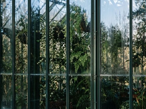 Glass Greenhouse Filled with Hanging Ferns and Lush Green Plants