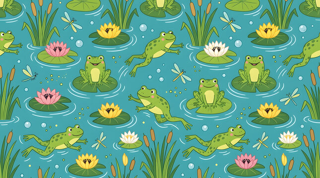 Seamless pattern with cute green frogs lily pads water lilies and