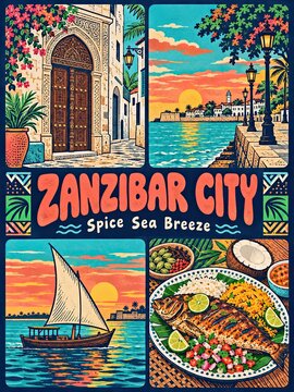 Illustrated Zanzibar City travel poster featuring a carved doorway, waterfront at sunset, sailing dhow, and Swahili seafood with the words &ldquo;Spice Sea Breeze.&rdquo;