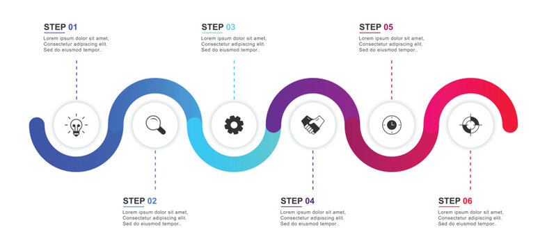 Business data visualization timeline process infographic template. Circular layout diagram with 6 list of steps, circular layout diagram infographic element template