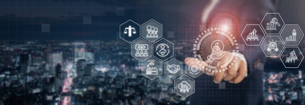 Sustainable Profit Concept. ESG Business Strategy, Financial Growth and Corporate Sustainability. Touching a virtual financial interface with sustainability, ESG, teamwork and growth icons.