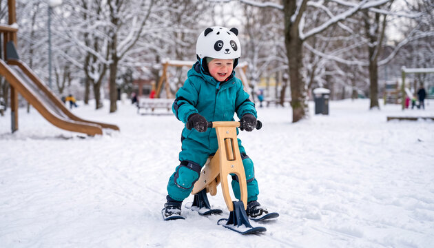 Toddler in a puffy snowsuit and helmet rides a balance bike at a winter playground