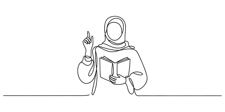Continuous one line drawing of a woman in hijab holding a book and pointing up