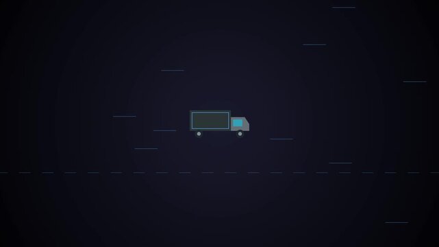Minimalist vector illustration of a delivery truck driving on a dark background