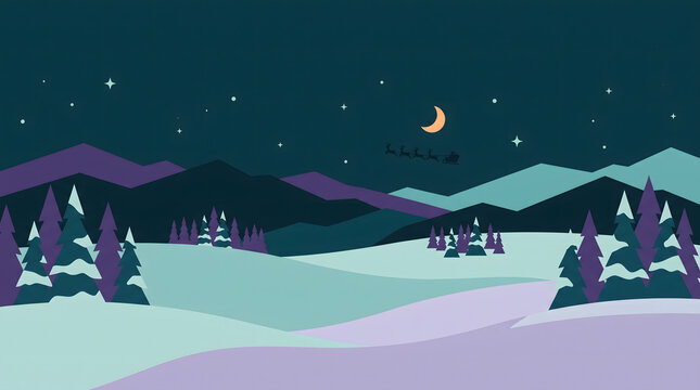 Minimalist Winter Landscape Featuring a Silent Snowy Forest at Night Under a Crescent Moon