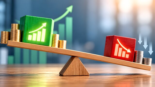 Business Profit and Cost Management Concept Represented by a Wooden Seesaw with Green Growth Block Outweighing Red Decline Block and Stacks of Coins on a Table in a Modern Office Environment.